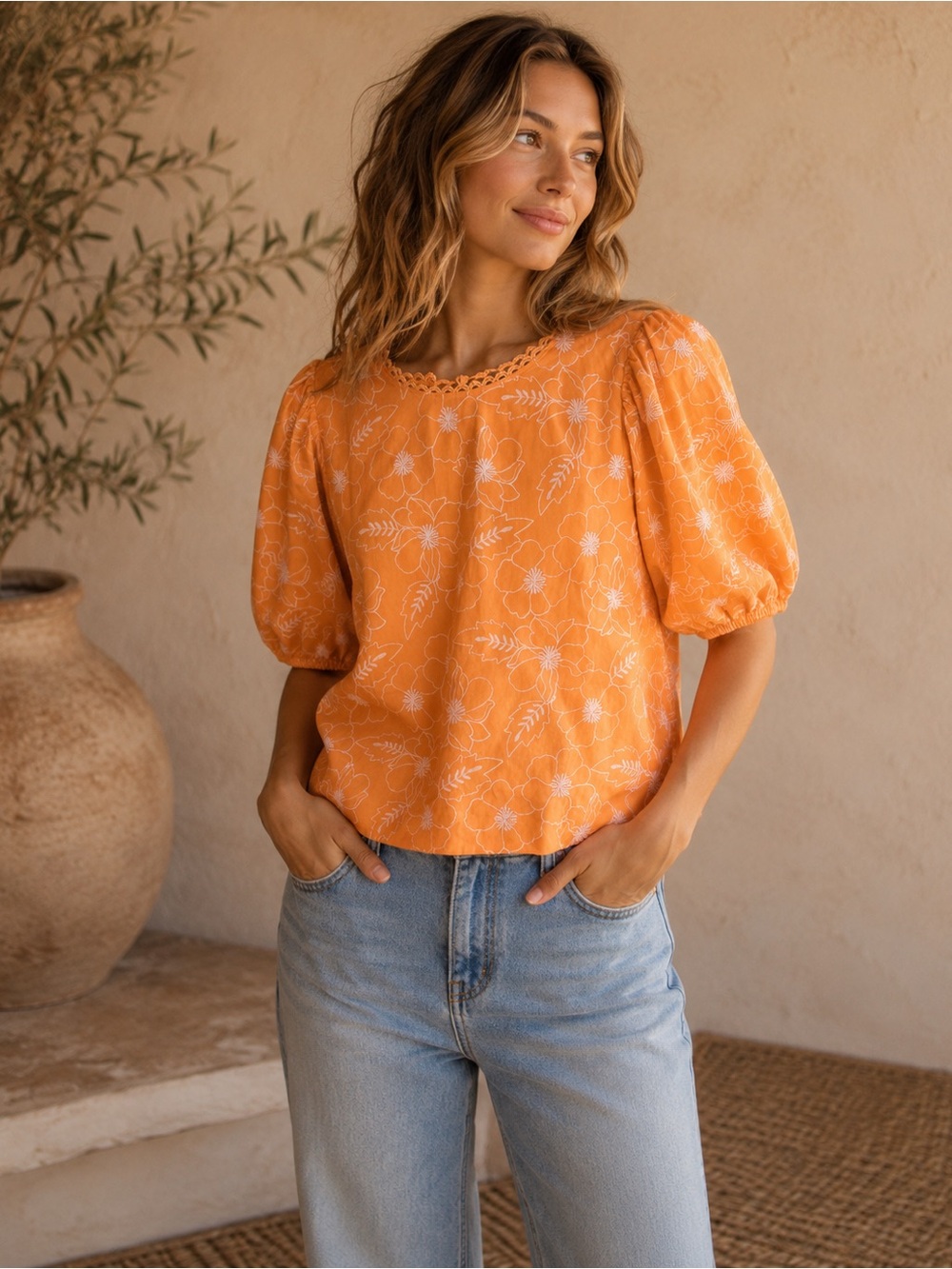 Loft Petite Garden Embroidered Open Back Orange Cotton Puff Sleeve Top